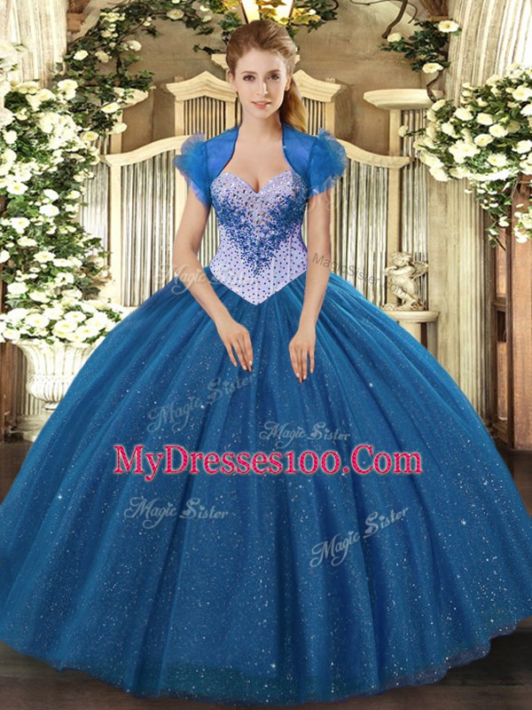 Super Sweetheart Sleeveless Sweet 16 Quinceanera Dress Floor Length Beading and Sequins Navy Blue Tulle