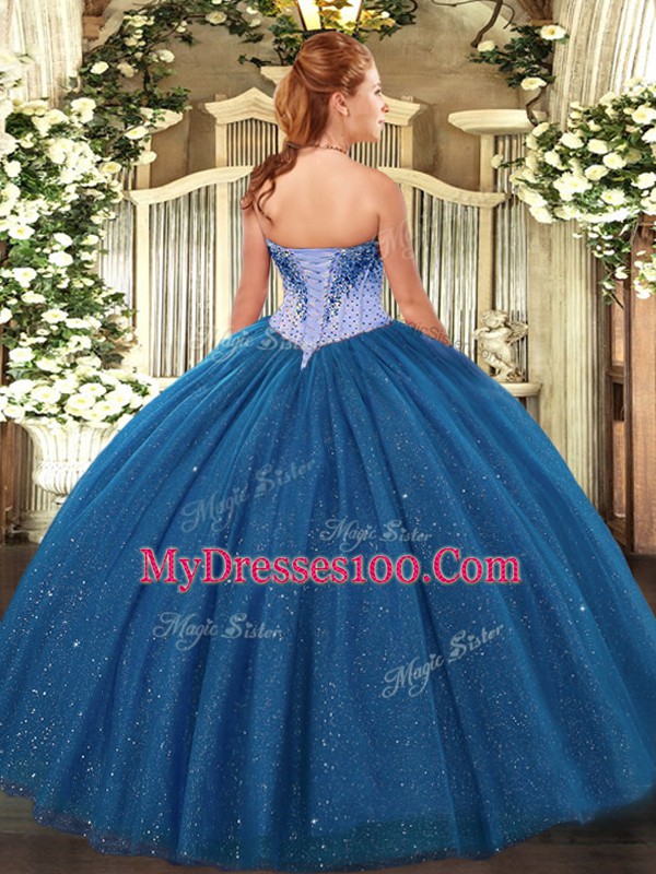 Super Sweetheart Sleeveless Sweet 16 Quinceanera Dress Floor Length Beading and Sequins Navy Blue Tulle
