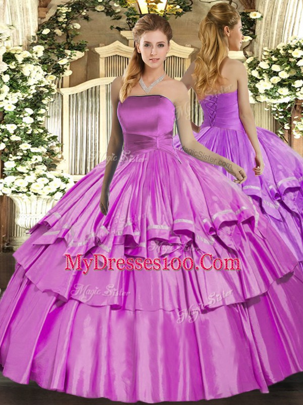 Fabulous Lilac Strapless Neckline Ruffled Layers Quinceanera Dresses Sleeveless Lace Up