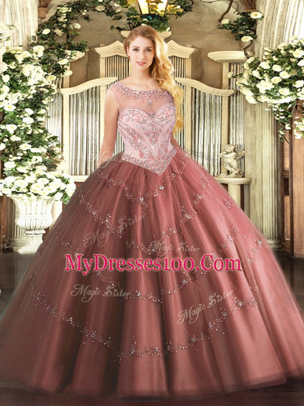 Charming Brown Tulle Zipper Vestidos de Quinceanera Sleeveless Floor Length Beading and Appliques
