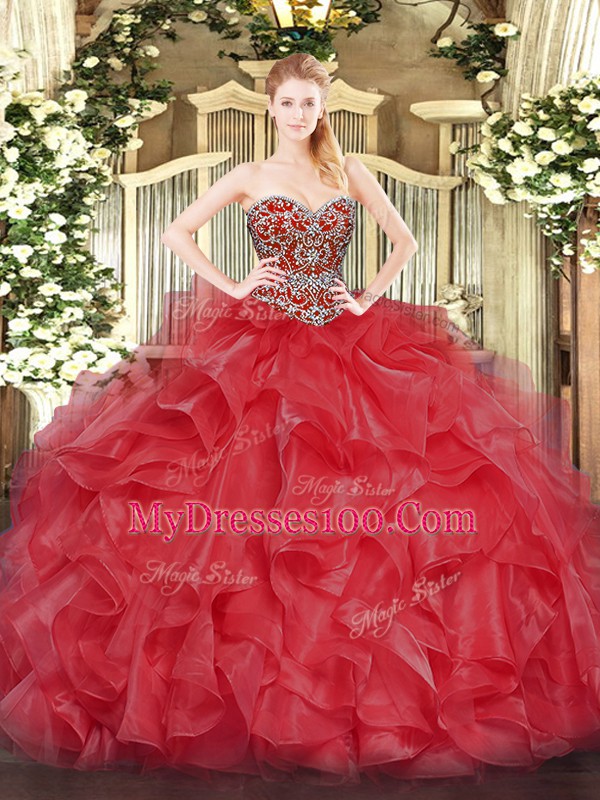 Hot Sale Coral Red Organza Lace Up Quinceanera Dress Sleeveless Floor Length Beading