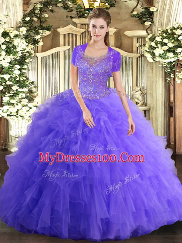 Scoop Sleeveless Clasp Handle Vestidos de Quinceanera Lavender Tulle