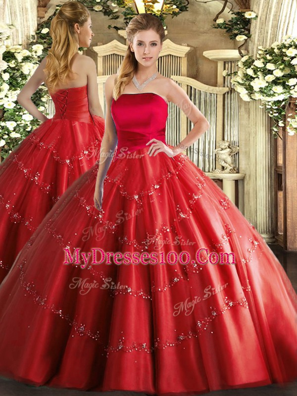 Edgy Red Quinceanera Dress Military Ball and Sweet 16 and Quinceanera with Appliques Strapless Sleeveless Lace Up