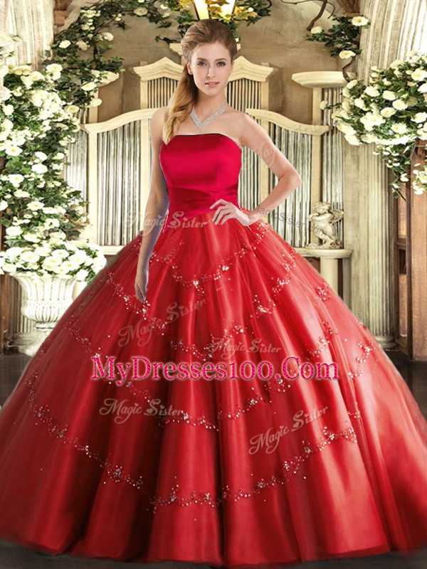 Edgy Red Quinceanera Dress Military Ball and Sweet 16 and Quinceanera with Appliques Strapless Sleeveless Lace Up