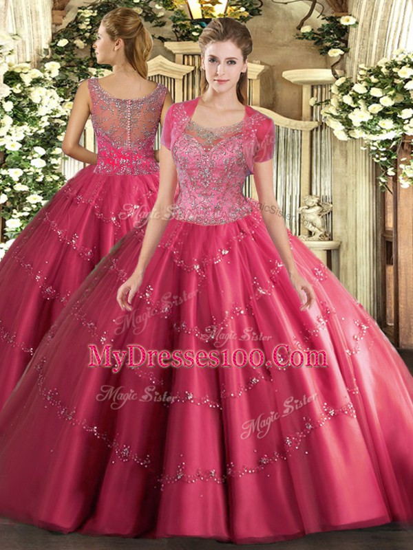 Great Hot Pink Tulle Clasp Handle Scoop Sleeveless Floor Length Sweet 16 Dress Beading and Appliques
