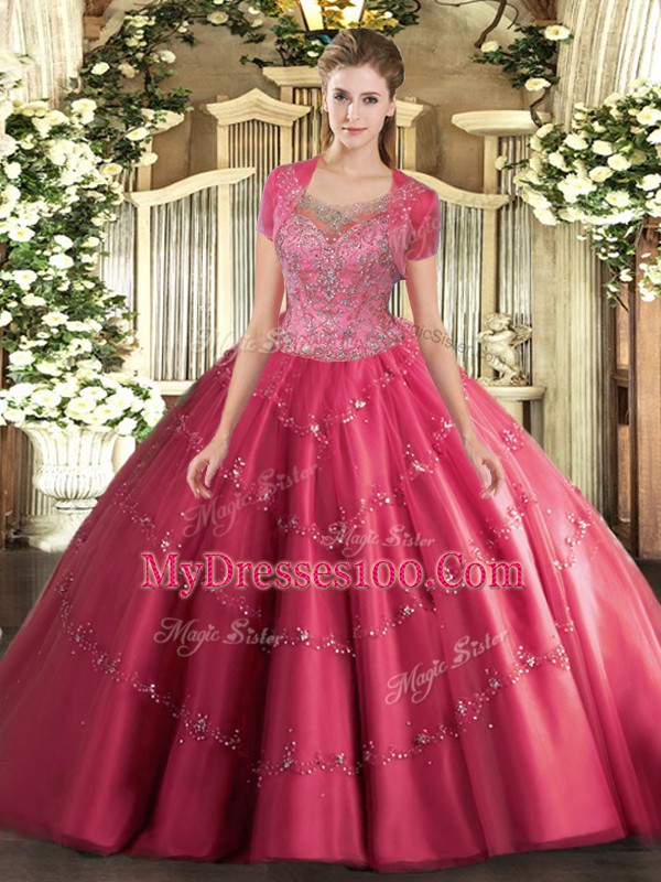 Great Hot Pink Tulle Clasp Handle Scoop Sleeveless Floor Length Sweet 16 Dress Beading and Appliques
