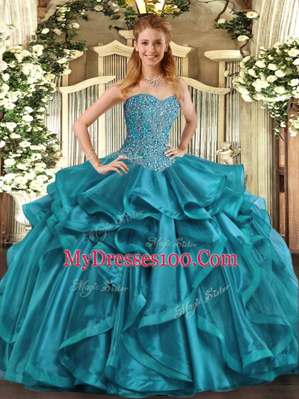 Adorable Organza Sweetheart Sleeveless Lace Up Beading and Ruffles Quinceanera Gowns in Teal