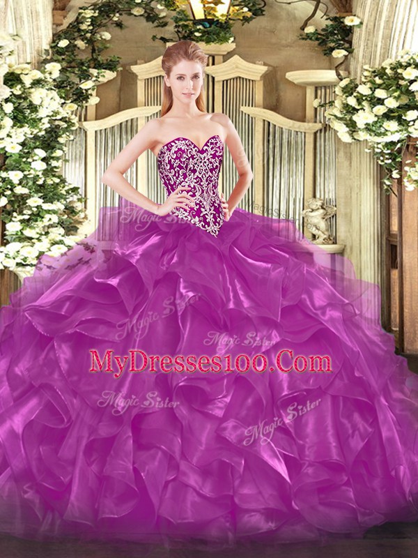 Fuchsia Sleeveless Floor Length Beading and Ruffles Lace Up Quinceanera Gowns