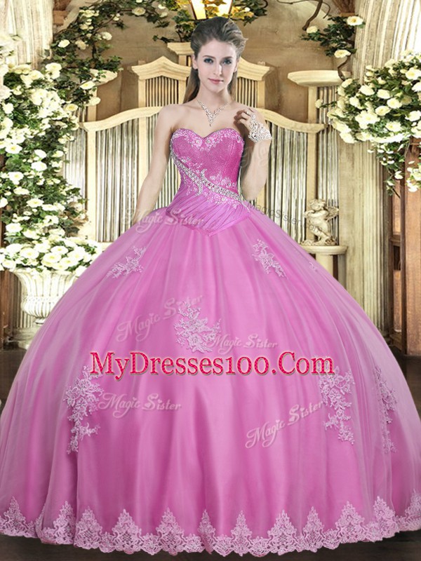 On Sale Tulle Sweetheart Sleeveless Lace Up Beading and Appliques Sweet 16 Quinceanera Dress in Rose Pink