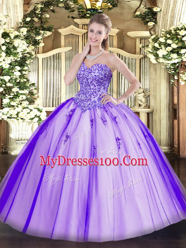 Lavender Ball Gowns Tulle Sweetheart Sleeveless Appliques Floor Length Lace Up Sweet 16 Dress