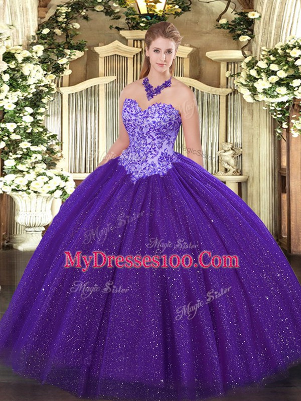 Beading 15 Quinceanera Dress Purple Lace Up Sleeveless Floor Length