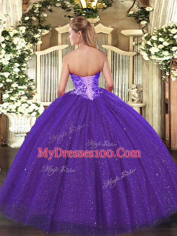 Beading 15 Quinceanera Dress Purple Lace Up Sleeveless Floor Length