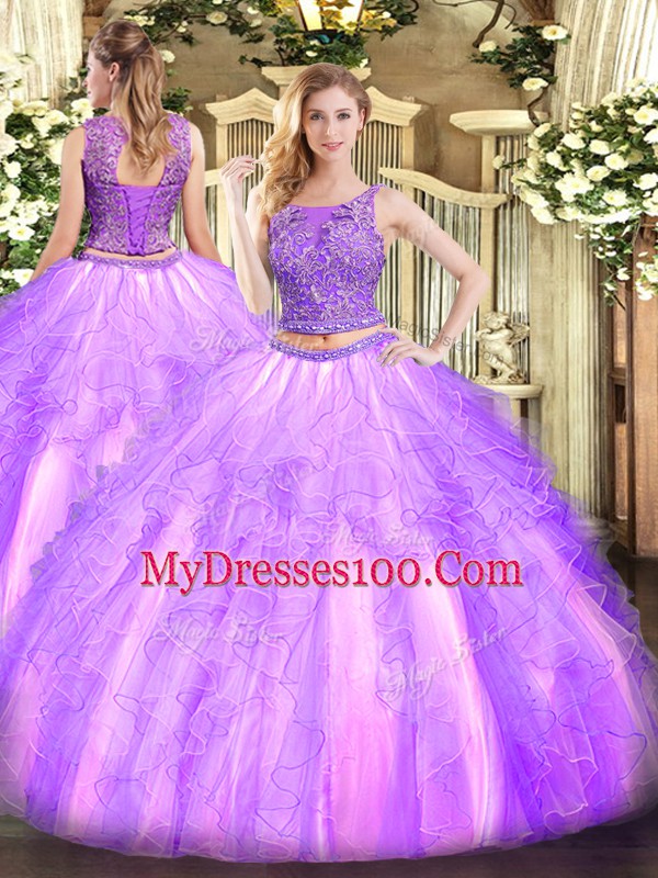 Trendy Lavender Sleeveless Floor Length Beading and Ruffles Lace Up Quince Ball Gowns
