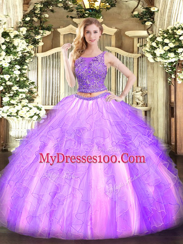 Trendy Lavender Sleeveless Floor Length Beading and Ruffles Lace Up Quince Ball Gowns