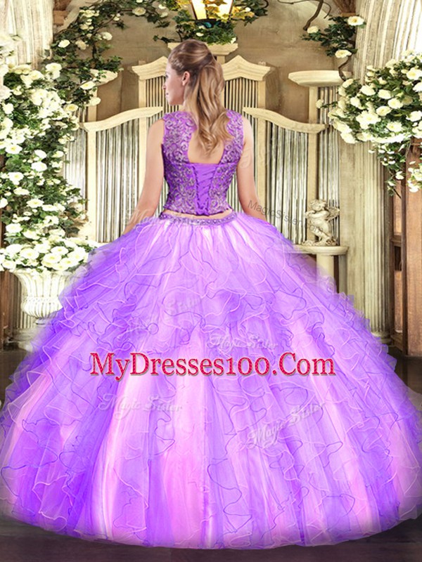 Trendy Lavender Sleeveless Floor Length Beading and Ruffles Lace Up Quince Ball Gowns