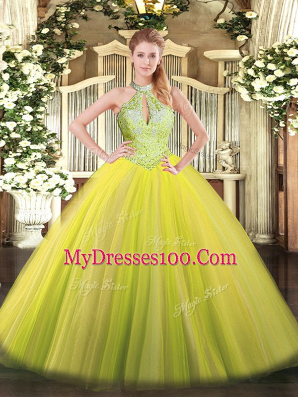 Great Floor Length Yellow Green Quinceanera Gowns Tulle Sleeveless Sequins