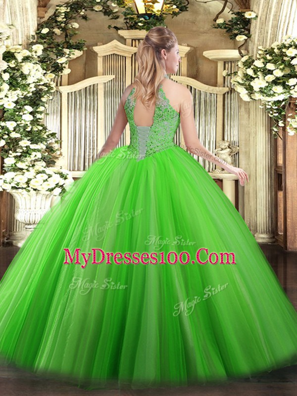 Great Floor Length Yellow Green Quinceanera Gowns Tulle Sleeveless Sequins