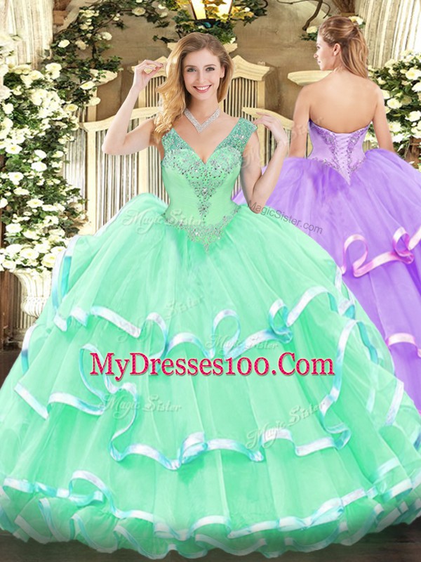 Dynamic Apple Green Quinceanera Dress Military Ball and Sweet 16 and Quinceanera with Beading V-neck Sleeveless Lace Up