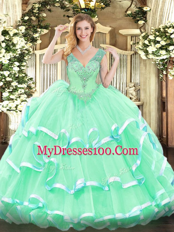 Dynamic Apple Green Quinceanera Dress Military Ball and Sweet 16 and Quinceanera with Beading V-neck Sleeveless Lace Up