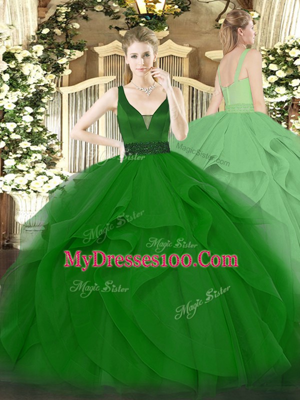 Beading and Ruffles Sweet 16 Dress Dark Green Zipper Sleeveless Floor Length