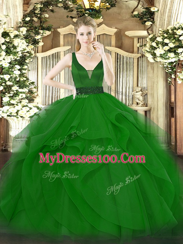 Beading and Ruffles Sweet 16 Dress Dark Green Zipper Sleeveless Floor Length