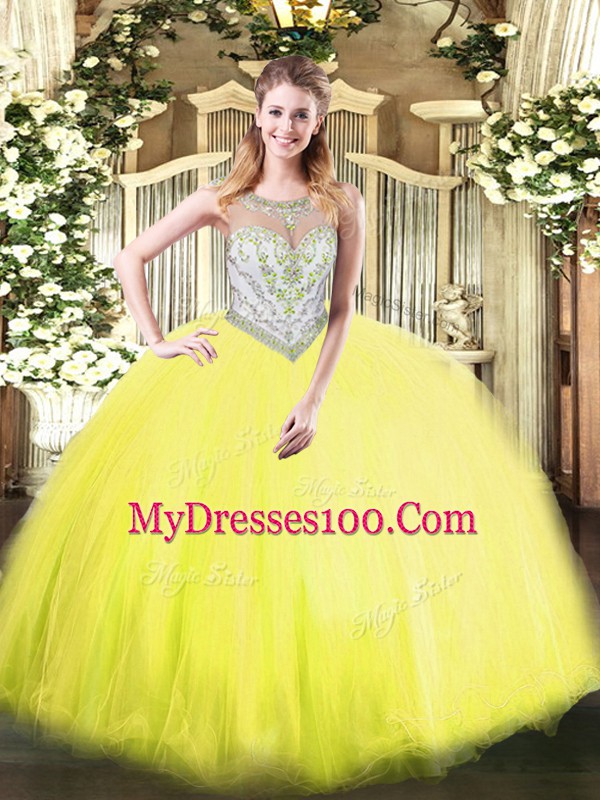 Ball Gowns Quinceanera Dress Yellow Green Scoop Tulle Sleeveless Floor Length Zipper