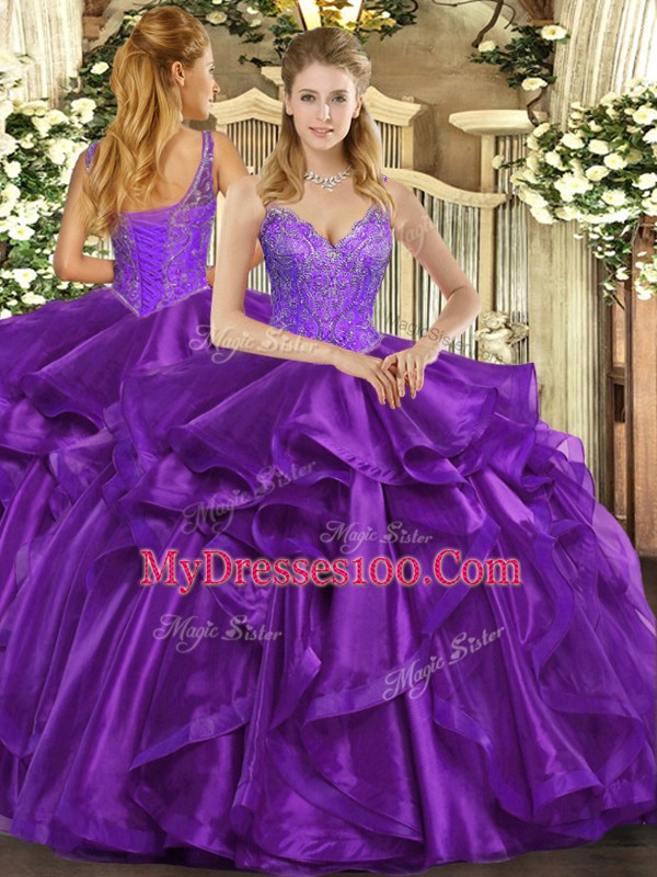 Organza Straps Sleeveless Lace Up Beading and Ruffles Sweet 16 Dress in Eggplant Purple