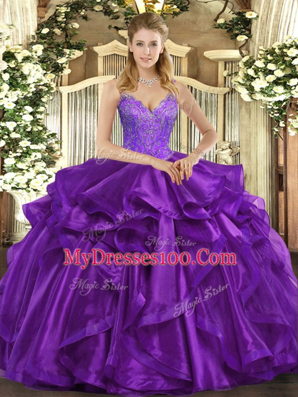 Organza Straps Sleeveless Lace Up Beading and Ruffles Sweet 16 Dress in Eggplant Purple