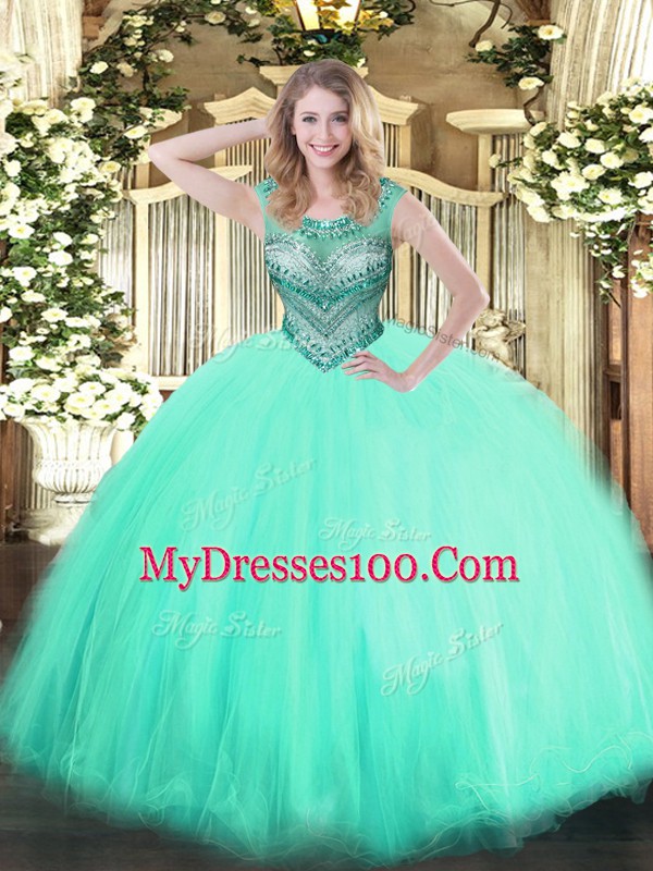 Captivating Apple Green Ball Gowns Tulle Scoop Sleeveless Beading Floor Length Lace Up Sweet 16 Dresses
