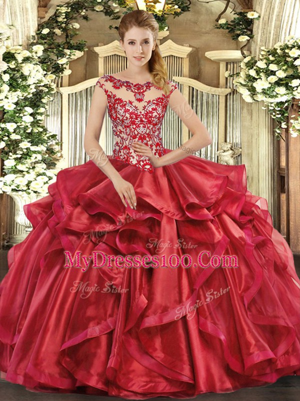 Glittering Floor Length Lace Up Quinceanera Dress Red for Sweet 16 and Quinceanera with Appliques and Ruffles