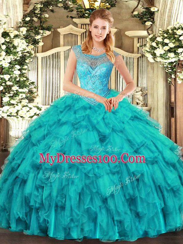 Aqua Blue Ball Gowns Organza Scoop Sleeveless Beading and Ruffles Floor Length Lace Up Sweet 16 Dresses