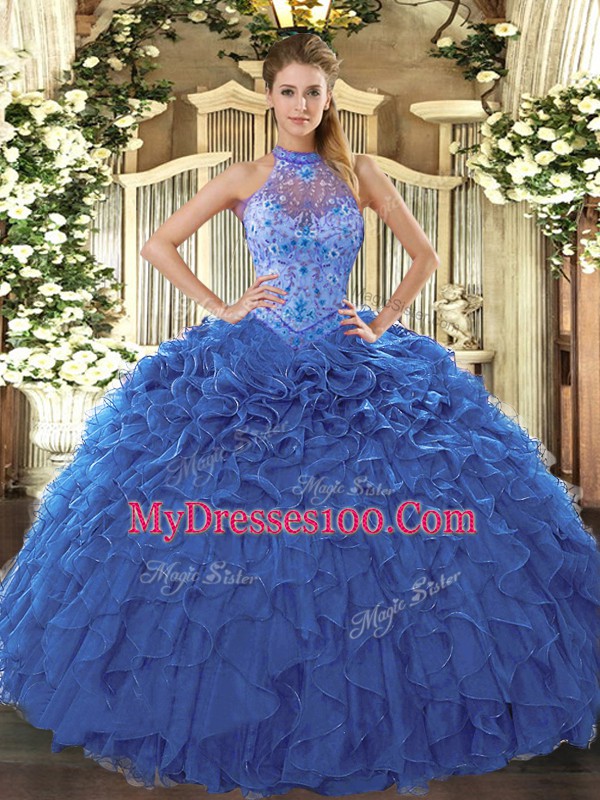 Blue Lace Up 15 Quinceanera Dress Beading and Embroidery and Ruffles Sleeveless Floor Length