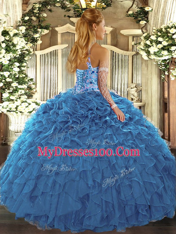 Blue Lace Up 15 Quinceanera Dress Beading and Embroidery and Ruffles Sleeveless Floor Length
