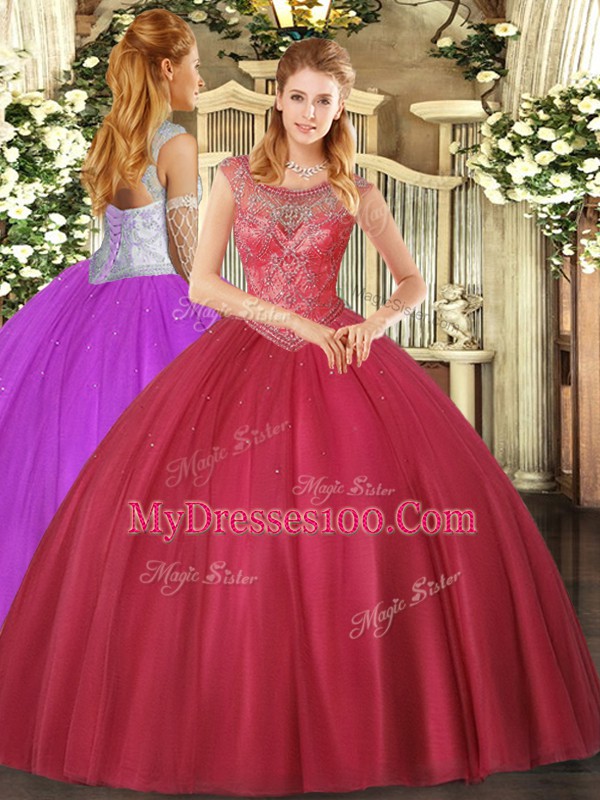 Coral Red Tulle Lace Up Quinceanera Gown Sleeveless Floor Length Beading