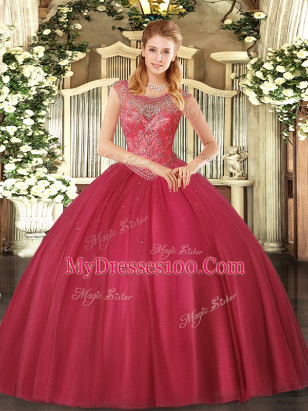 Coral Red Tulle Lace Up Quinceanera Gown Sleeveless Floor Length Beading