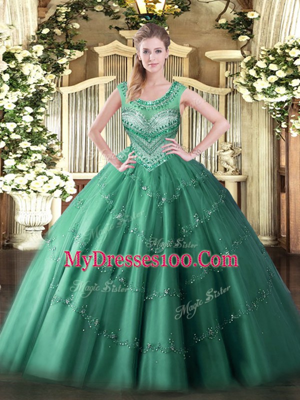 Fitting Scoop Sleeveless Lace Up Quinceanera Gown Dark Green Tulle