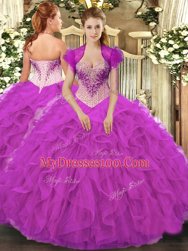 Free and Easy Floor Length Fuchsia Vestidos de Quinceanera Organza Sleeveless Beading and Ruffles