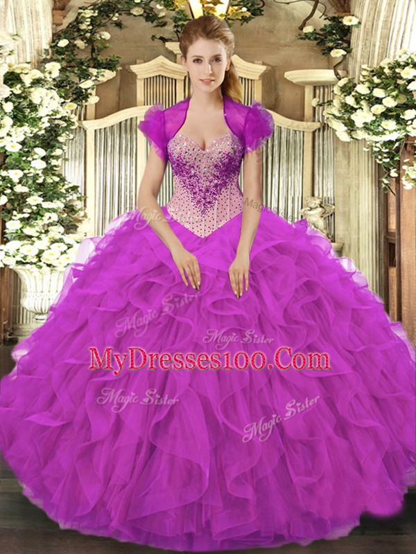 Free and Easy Floor Length Fuchsia Vestidos de Quinceanera Organza Sleeveless Beading and Ruffles