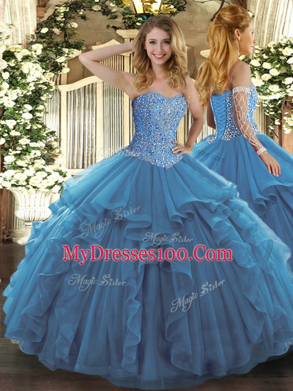 Teal Sweetheart Lace Up Beading and Ruffles Vestidos de Quinceanera Sleeveless