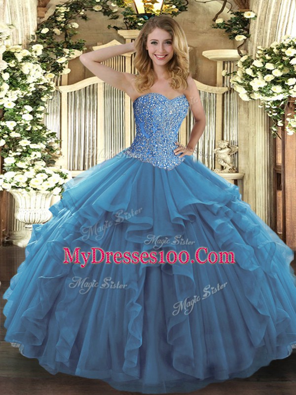 Teal Sweetheart Lace Up Beading and Ruffles Vestidos de Quinceanera Sleeveless