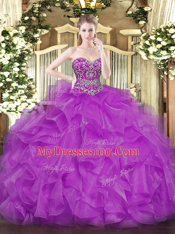 Glamorous Sweetheart Sleeveless Organza 15 Quinceanera Dress Beading and Ruffles Lace Up