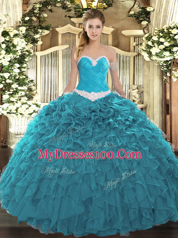 Sweetheart Sleeveless Lace Up Vestidos de Quinceanera Teal Organza