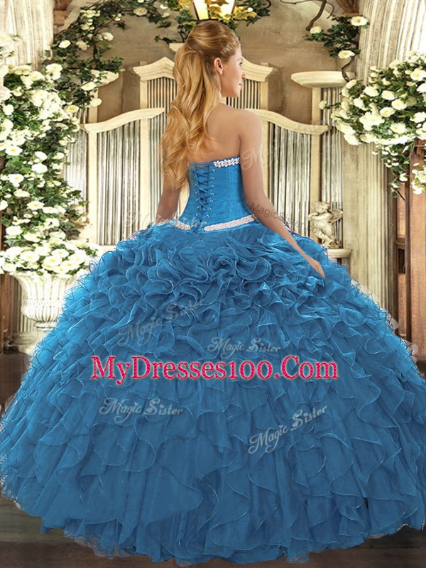 Sweetheart Sleeveless Lace Up Vestidos de Quinceanera Teal Organza