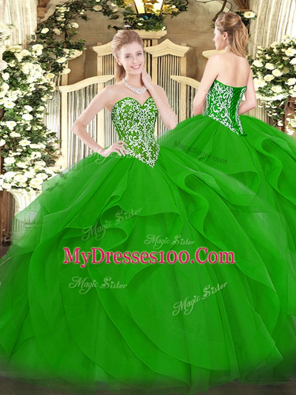 Fantastic Green Ball Gowns Sweetheart Sleeveless Tulle Floor Length Lace Up Beading and Ruffles Quince Ball Gowns