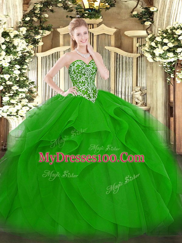 Fantastic Green Ball Gowns Sweetheart Sleeveless Tulle Floor Length Lace Up Beading and Ruffles Quince Ball Gowns