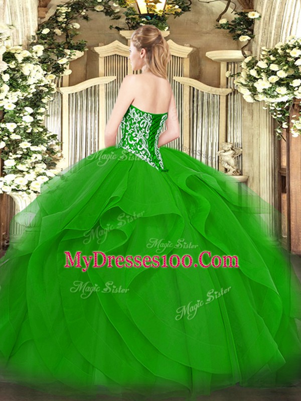 Fantastic Green Ball Gowns Sweetheart Sleeveless Tulle Floor Length Lace Up Beading and Ruffles Quince Ball Gowns