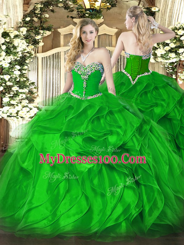 Green Lace Up Sweetheart Beading and Ruffles Quinceanera Gowns Organza Sleeveless