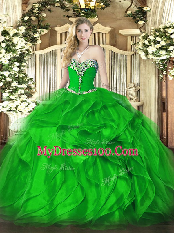 Green Lace Up Sweetheart Beading and Ruffles Quinceanera Gowns Organza Sleeveless