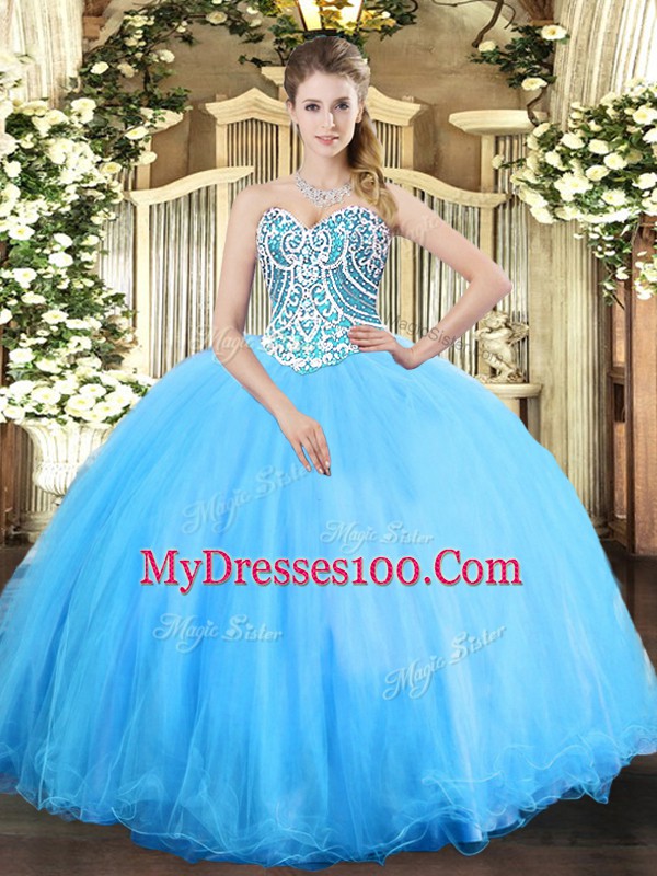 Aqua Blue Ball Gowns Sweetheart Sleeveless Tulle Floor Length Lace Up Beading Sweet 16 Dress