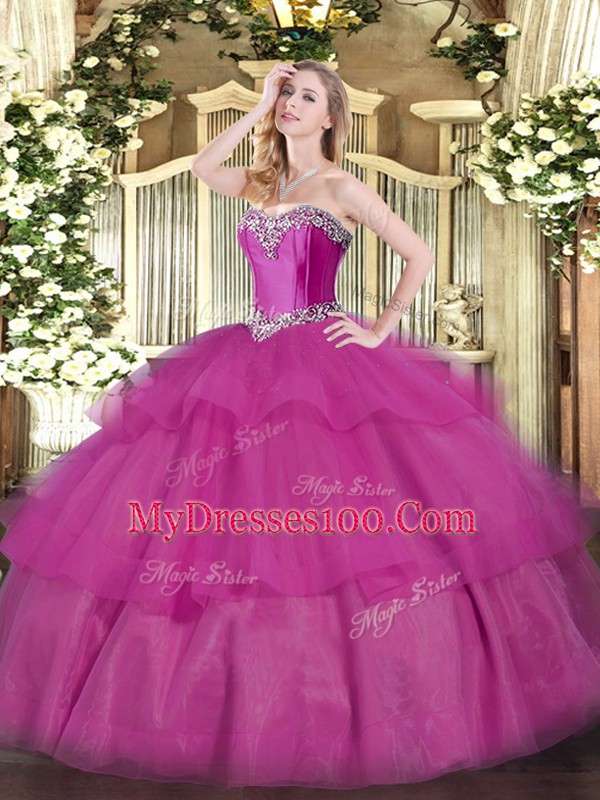 Fuchsia Ball Gowns Sweetheart Sleeveless Tulle Floor Length Lace Up Beading and Ruffled Layers Sweet 16 Quinceanera Dress